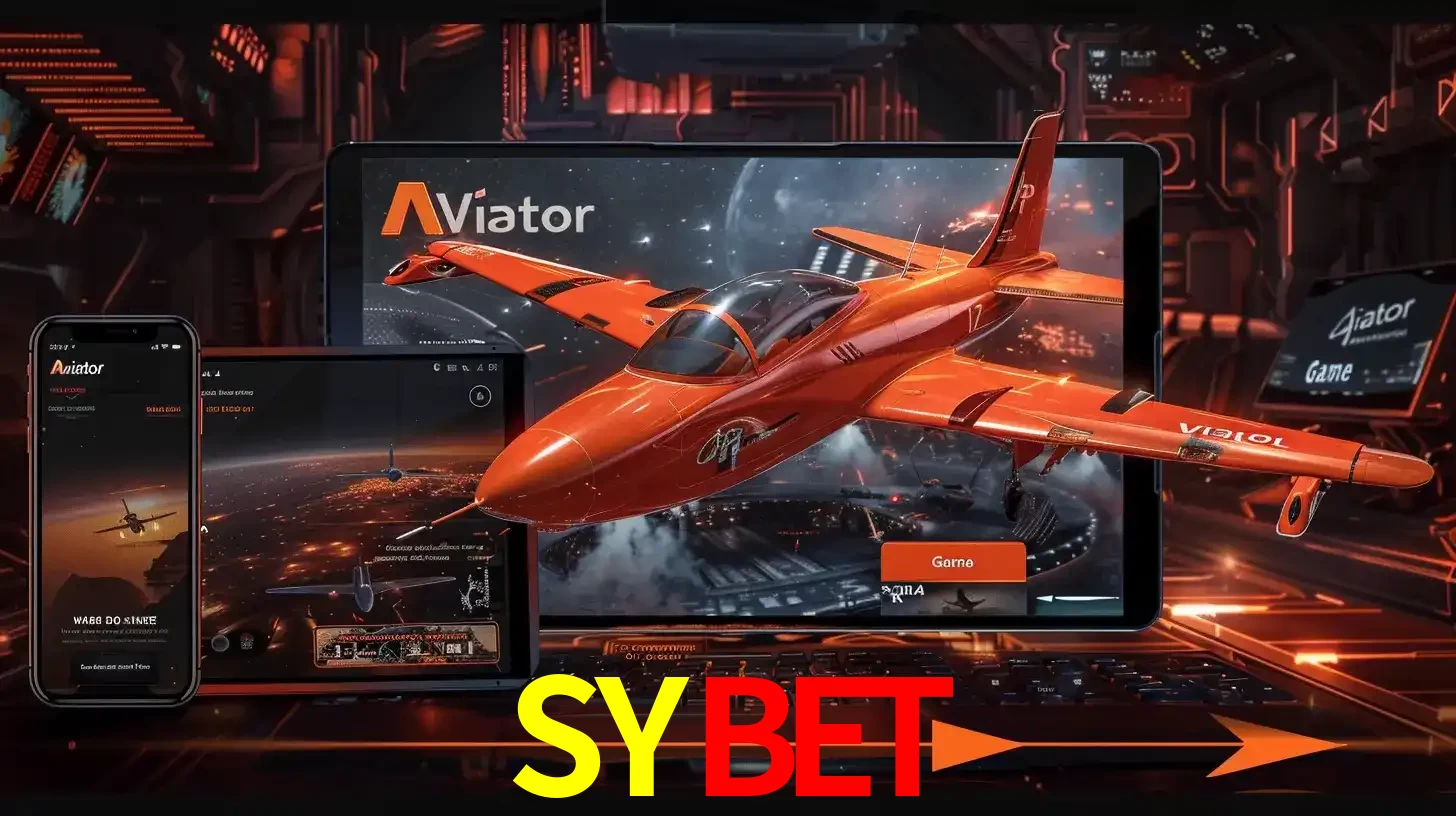 Apresentação tecnológica do jogo Aviator com um avião saindo da tela de um tablet, demonstrando a experiência imersiva em múltiplos dispositivos no SYBET.