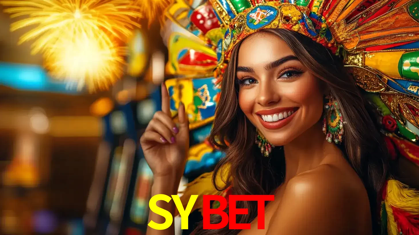 Mulher sorridente com um cocar de carnaval vibrante e colorido, celebrando uma grande vitória nos jogos do cassino SYBET com fogos de artifício ao fundo.