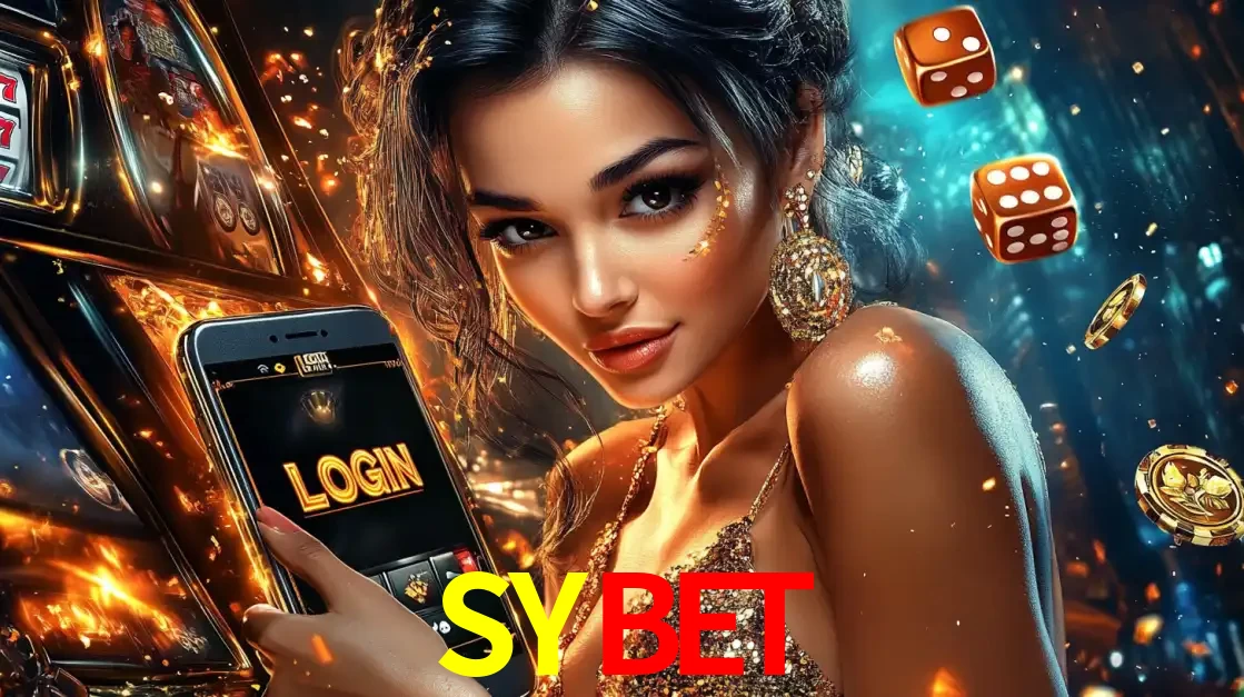 Mulher glamourosa segurando um celular com a tela de login do cassino SYBET, rodeada por dados e moedas douradas, pronta para começar a diversão.
