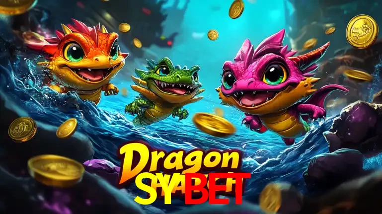 Arte promocional do jogo Dragon Hatch com três adoráveis dragões bebês nadando entre moedas de ouro, um dos slots mais divertidos para jogar no cassino SYBET.