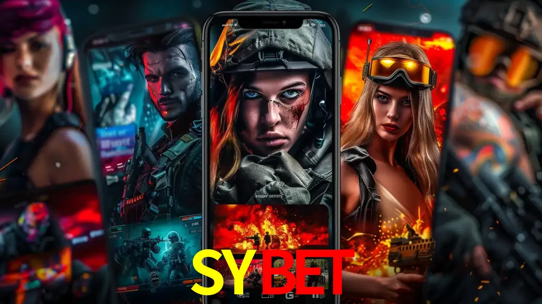 Montagem de telas de celular mostrando diversos personagens, masculinos e femininos, de um jogo de tiro, ilustrando a diversidade de equipes de e-sports para apostar no SYBET.