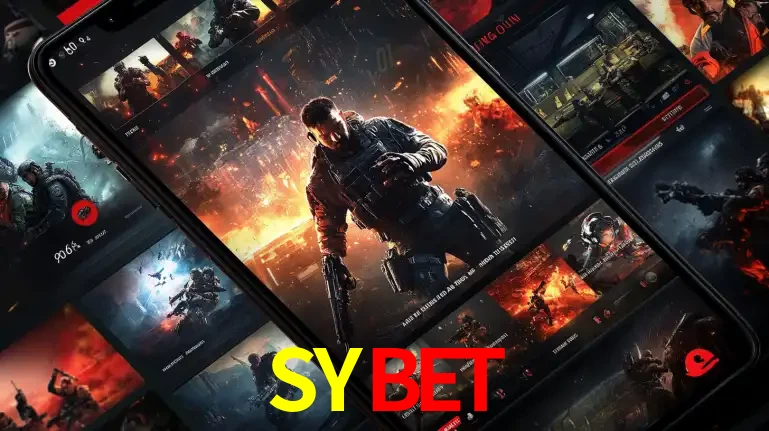 Tela de um celular exibindo uma galeria de jogos de tiro com temática militar, mostrando a variedade de e-sports disponíveis para apostas na plataforma de entretenimento SYBET.
