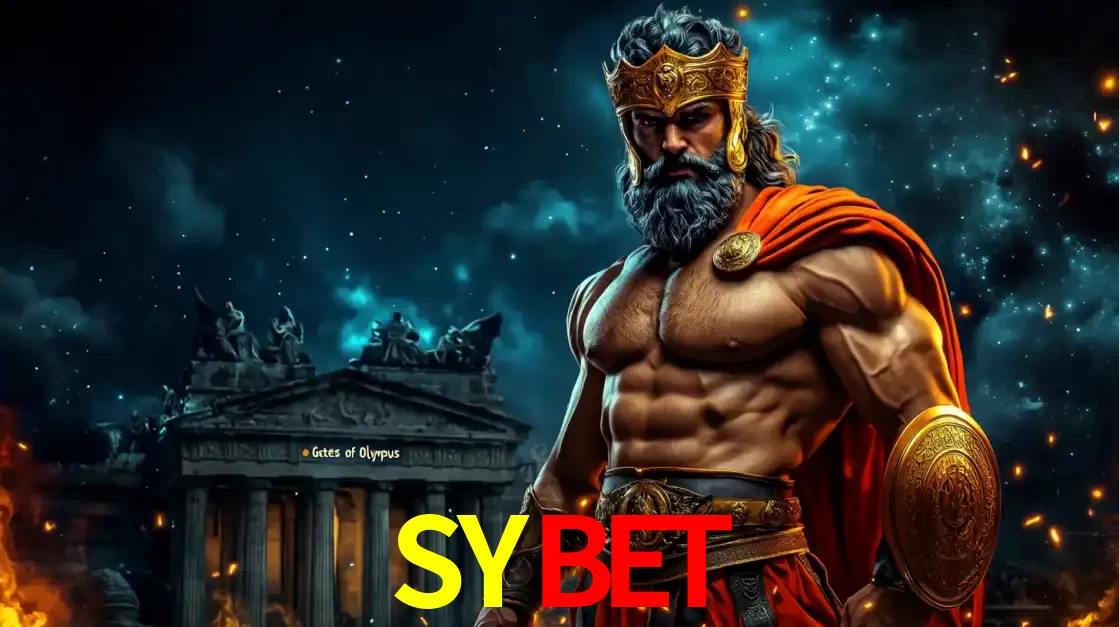 O poderoso Zeus do jogo de slot Gates of Olympus em frente ao seu templo, pronto para lançar multiplicadores divinos e prêmios épicos no cassino online SYBET.