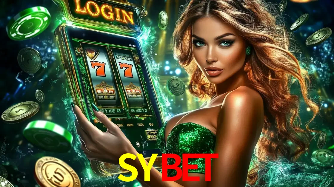 Mulher com tema verde apresentando o aplicativo do cassino SYBET com um jogo de slot de 777, cercada por fichas de cassino e uma aura de sorte.