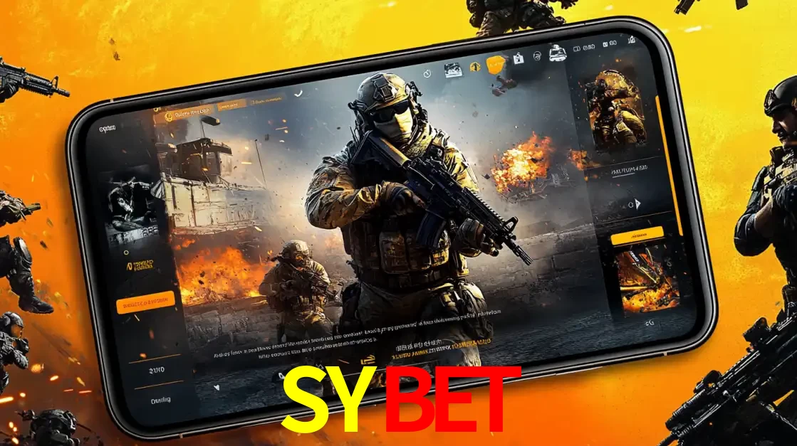 Um smartphone exibindo a interface de um jogo de tiro em primeira pessoa, com um soldado em um cenário de batalha, representando a ação dos e-sports para apostar no SYBET.