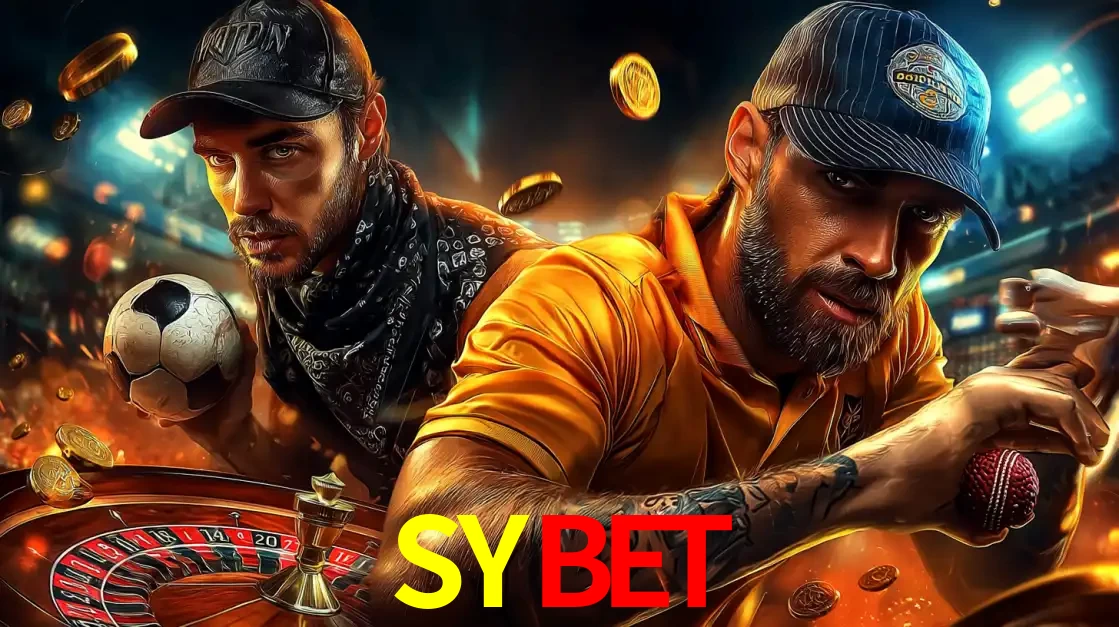 Montagem de apostas esportivas e cassino no SYBET, com um homem segurando uma bola de futebol e outro uma de beisebol sobre uma roleta e moedas voadoras.