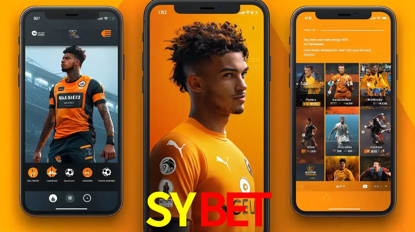 Interface do aplicativo de apostas esportivas SYBET em três telas de celular, mostrando o perfil de um jogador de futebol e a lista de jogos disponíveis para apostar.