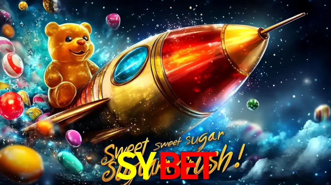 Arte promocional do jogo de slot Sugar Rush, com um urso de pelúcia em um foguete viajando pelo espaço de doces, um dos jogos divertidos disponíveis no cassino SYBET.
