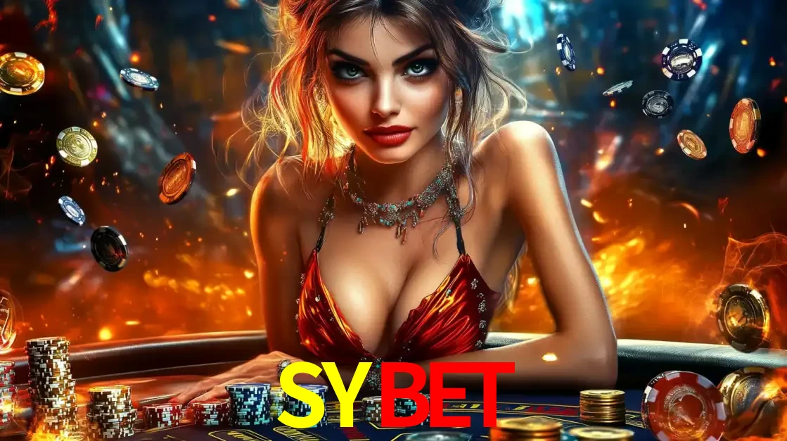 Mulher em uma mesa de cassino com pilhas de fichas e um fundo de fogo, pronta para uma rodada de altas apostas nos jogos de mesa emocionantes do cassino SYBET.