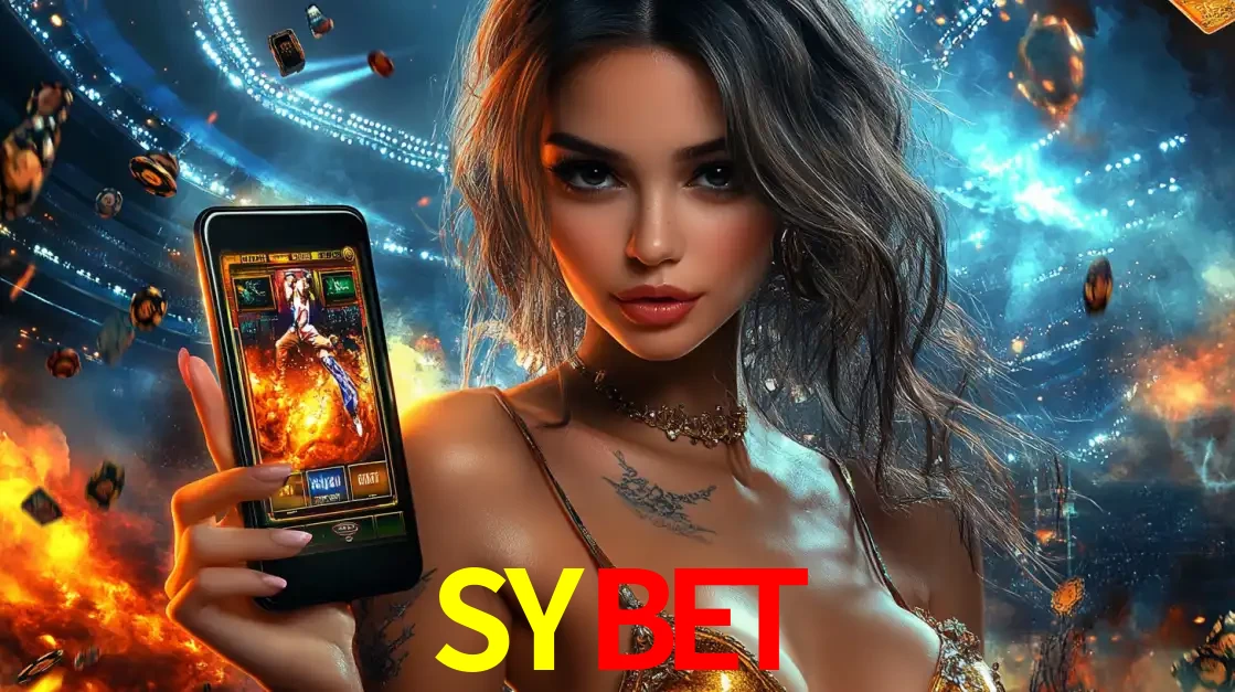 Mulher segurando um celular com um jogo de slot em destaque, tendo como fundo um estádio vibrante, simbolizando a emoção de jogar no cassino móvel SYBET.