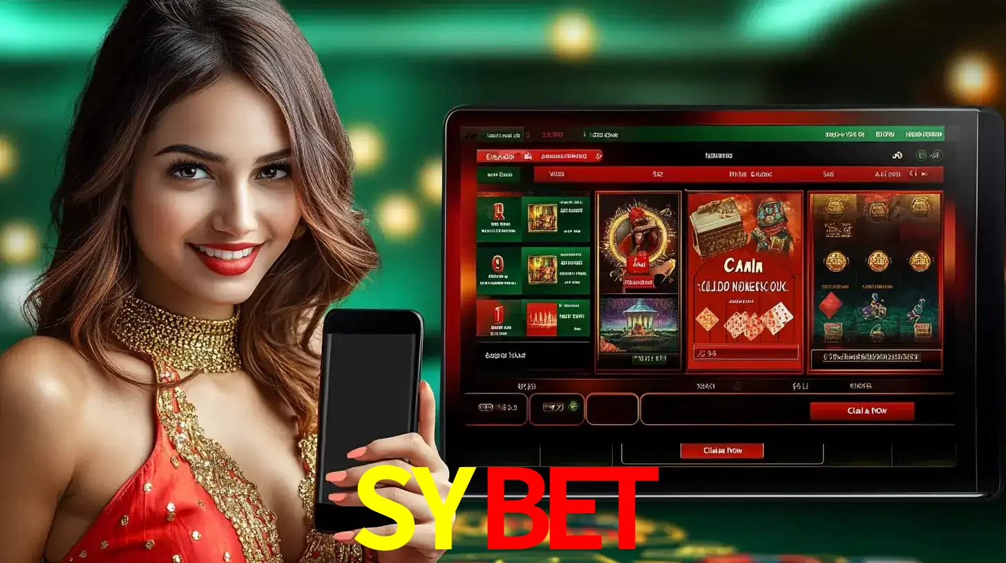 Mulher sorridente segurando um smartphone, ao lado de uma tela exibindo o lobby de jogos do cassino online SYBET, com várias opções de jogos de cartas e slots.
